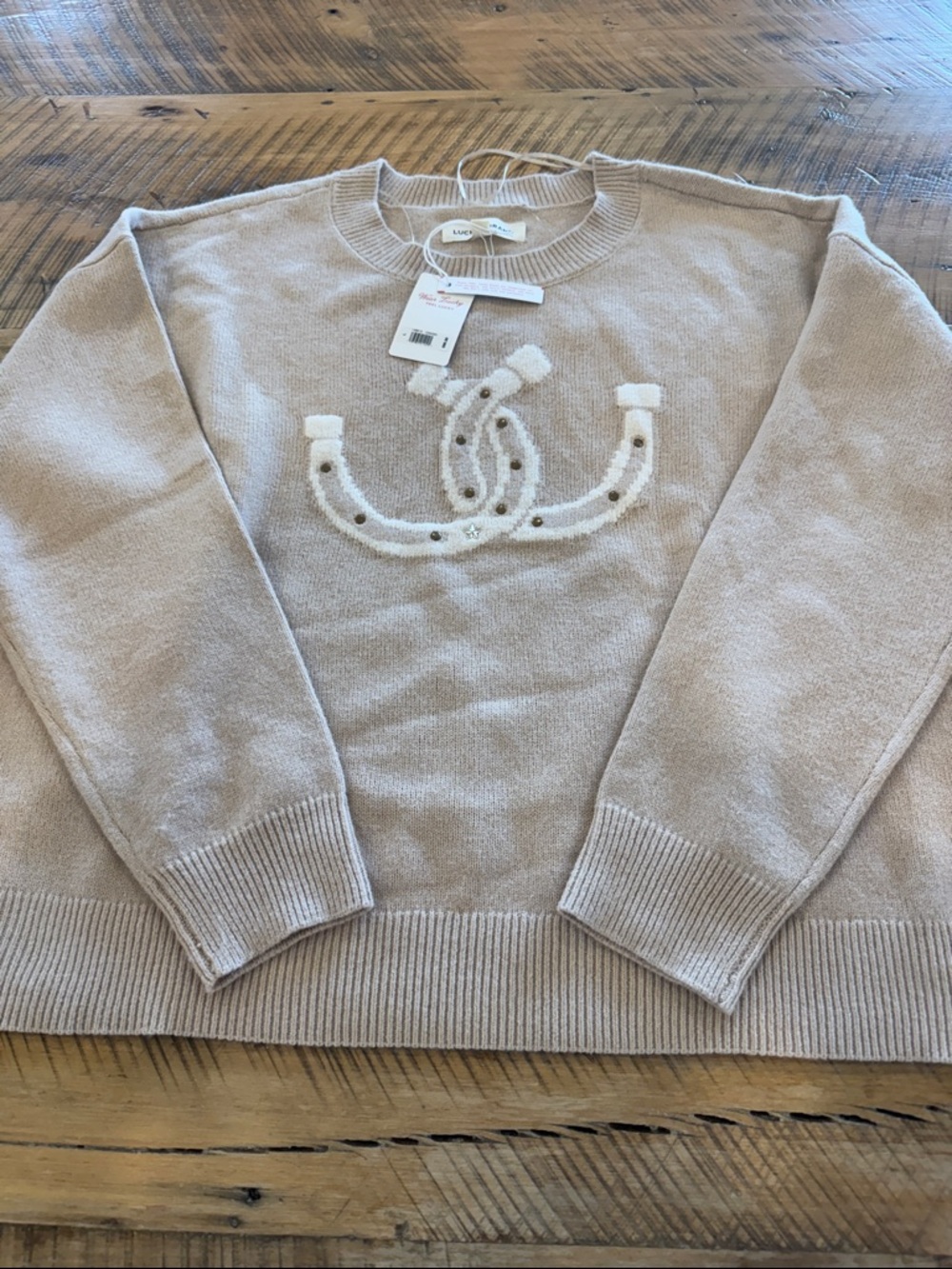 Lucky Brand Tan Horseshoe detail Crewneck Sweater